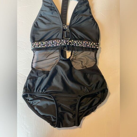 AA dance design costume solo custom black onyx cutout rhinestone mature adult XS - Picture 4 of 11